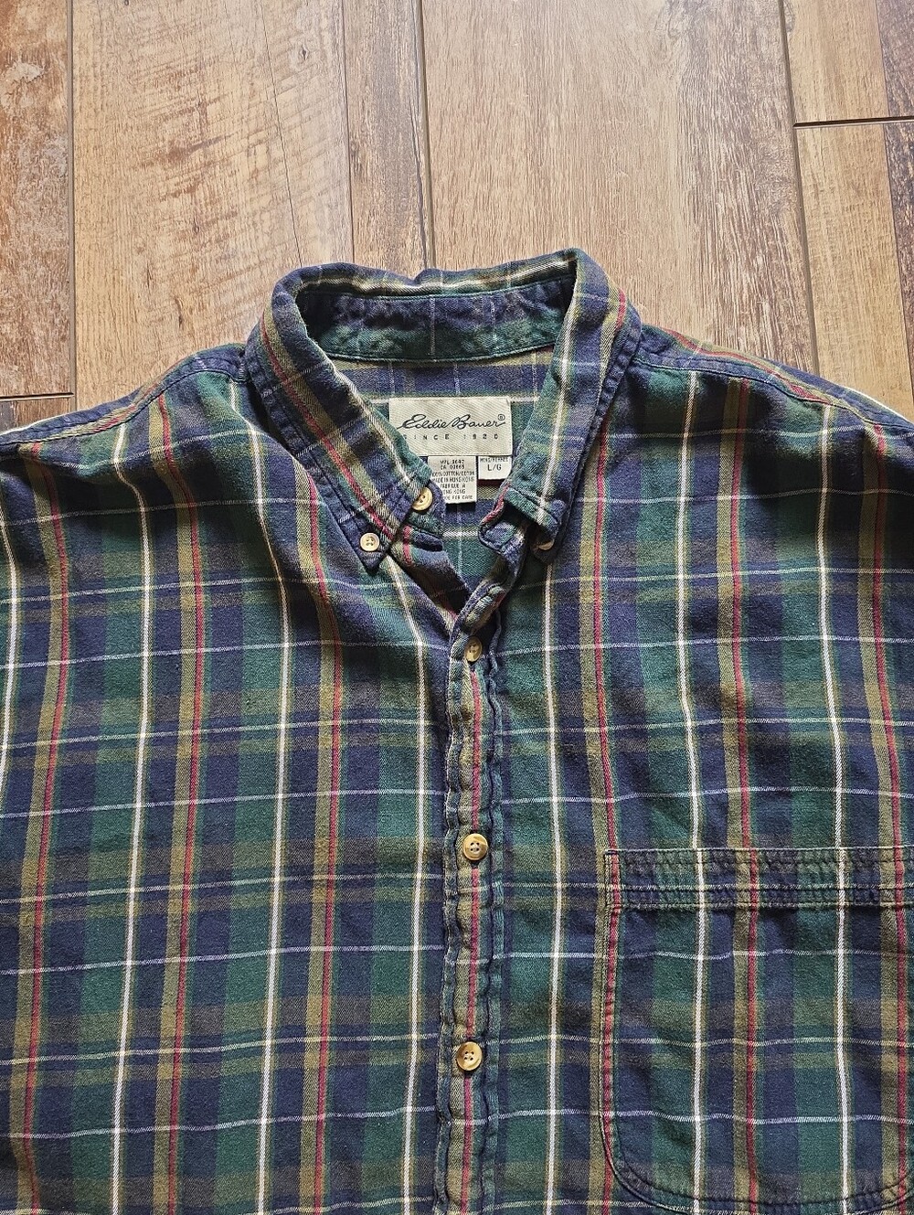 Eddie Bauer - Vintage 90s Plaid Flannel Shirt - L - Green Navy Red